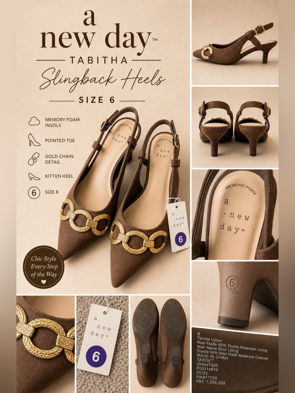 A New Day Tabitha Brown Suede Slingback Heels Brown Gold Chain Pointed Toe Heel